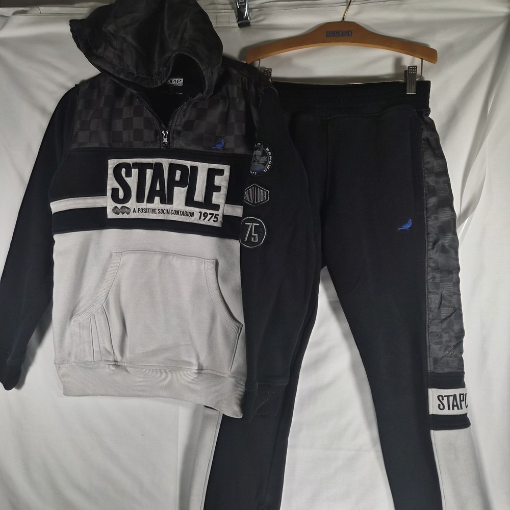 Staple Pigeon 2 Piece Tracksuit Set Mens Small Hoodie Jogger Pants Black Gray
